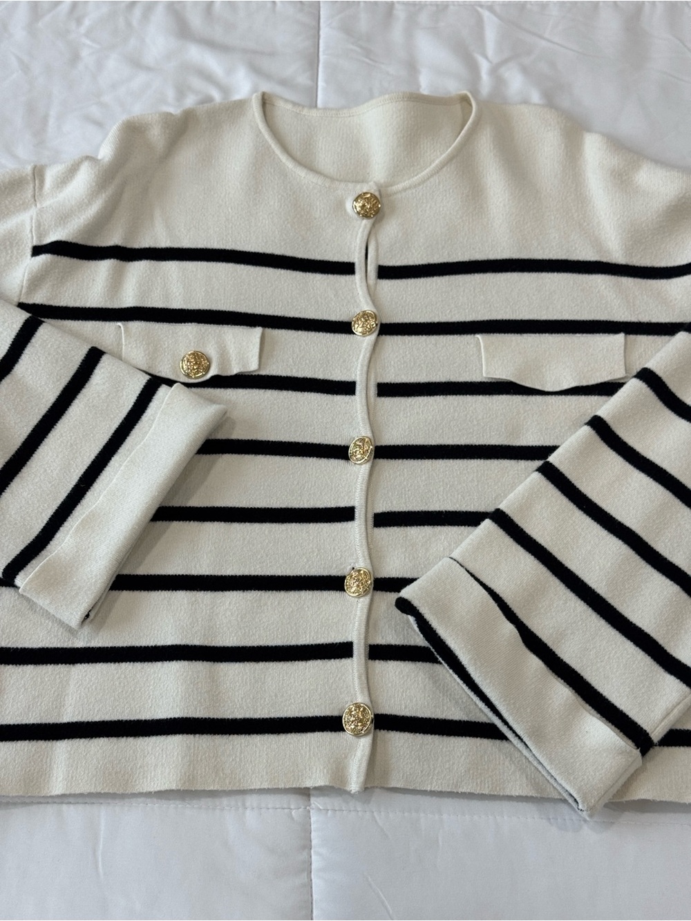 MOTF Cream and Black Striped Button-Front Cardigan